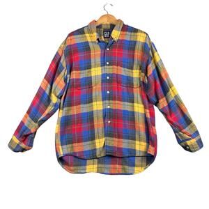 Vintage GAP Plaid Flannel Shirt Large Multicolor Button Up Classic 90s Style